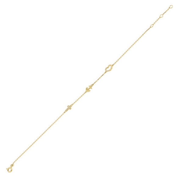 Solid 14K Yellow Gold CZ Heart, Anchor, and Cross Charm Bracelet - Picture 2 of 4